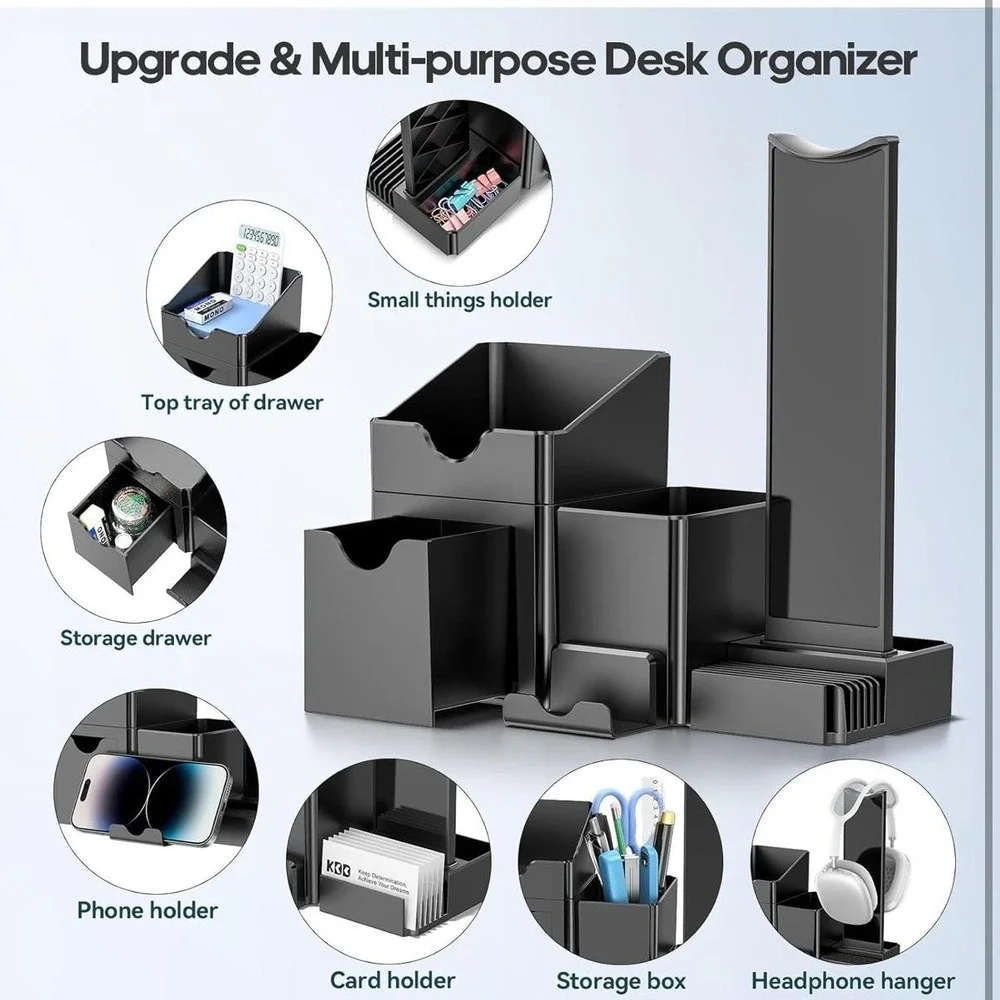 KDD 5-in-1 Desktop Organizer Set Headphone Phone Card Pen Holder Black Plastic